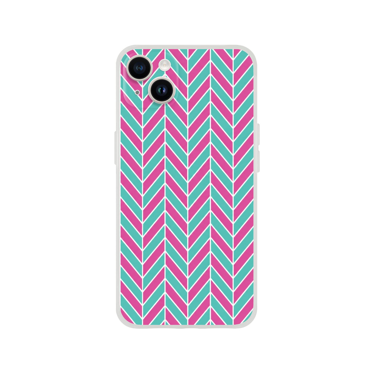 Pink and turquoise herringbone pattern iPhone case with geometric chevron design for models 13-16.
