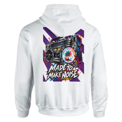 White hoodie back print featuring a colorful retro boombox with "Made to Make Noise" text and palm tree graphic.