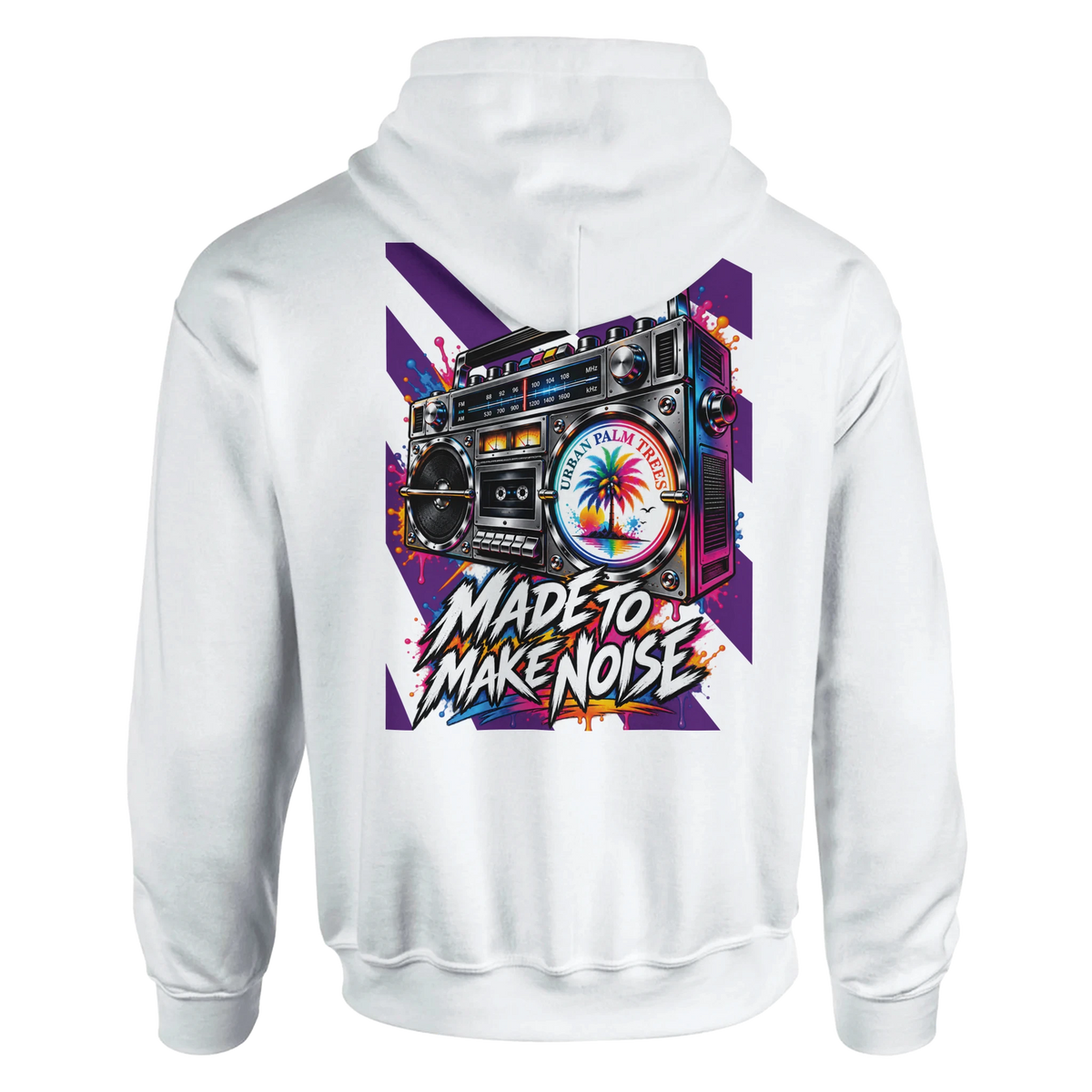 White hoodie back print featuring a colorful retro boombox with "Made to Make Noise" text and palm tree graphic.