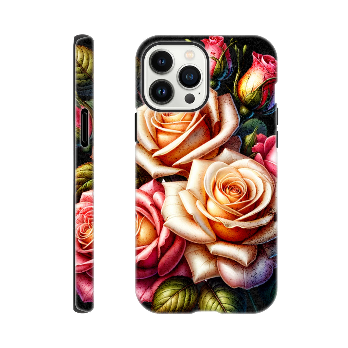 Romantic floral iPhone case featuring detailed peach and pink roses with green leaves on a dark background, designed for impact protection.