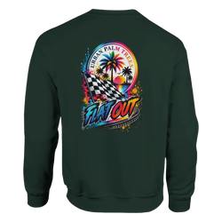 Dark green Flat Out petrolhead jumper featuring a colorful back graphic with a checkered flag, palm trees, and racing typography.