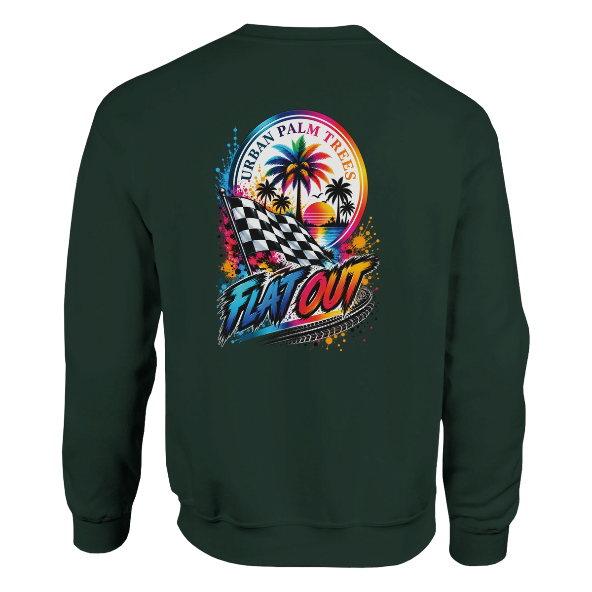 Dark green Flat Out petrolhead jumper featuring a colorful back graphic with a checkered flag, palm trees, and racing typography.
