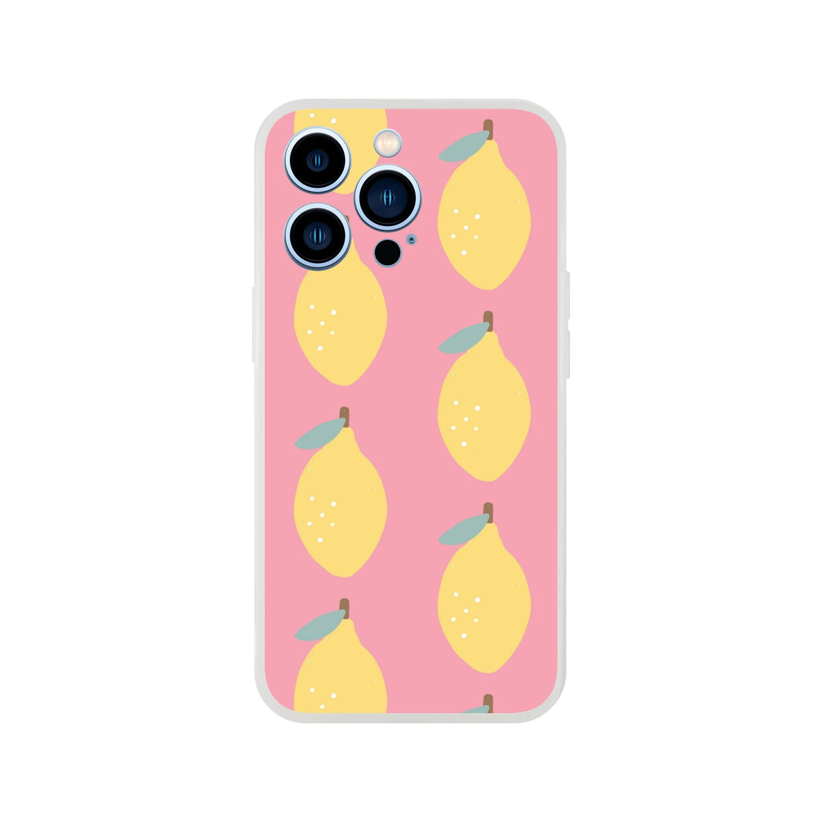 Pink lemon-pattern iPhone case (13-16) with frosty clear, tear-resistant flexi protection.