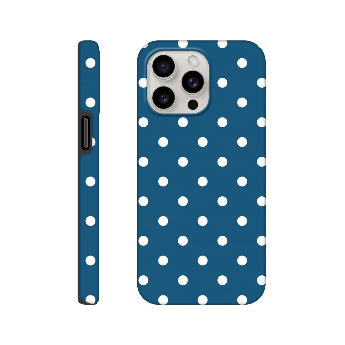 Navy blue iPhone case with white polka dots featuring a tough dual-layer shell, shock-absorbing TPU, and a cute glossy finish for models 13-16.