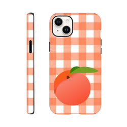 Peach fruit graphic on retro orange and white gingham iPhone case with full wraparound checkered pattern for streetwear aesthetic protection.