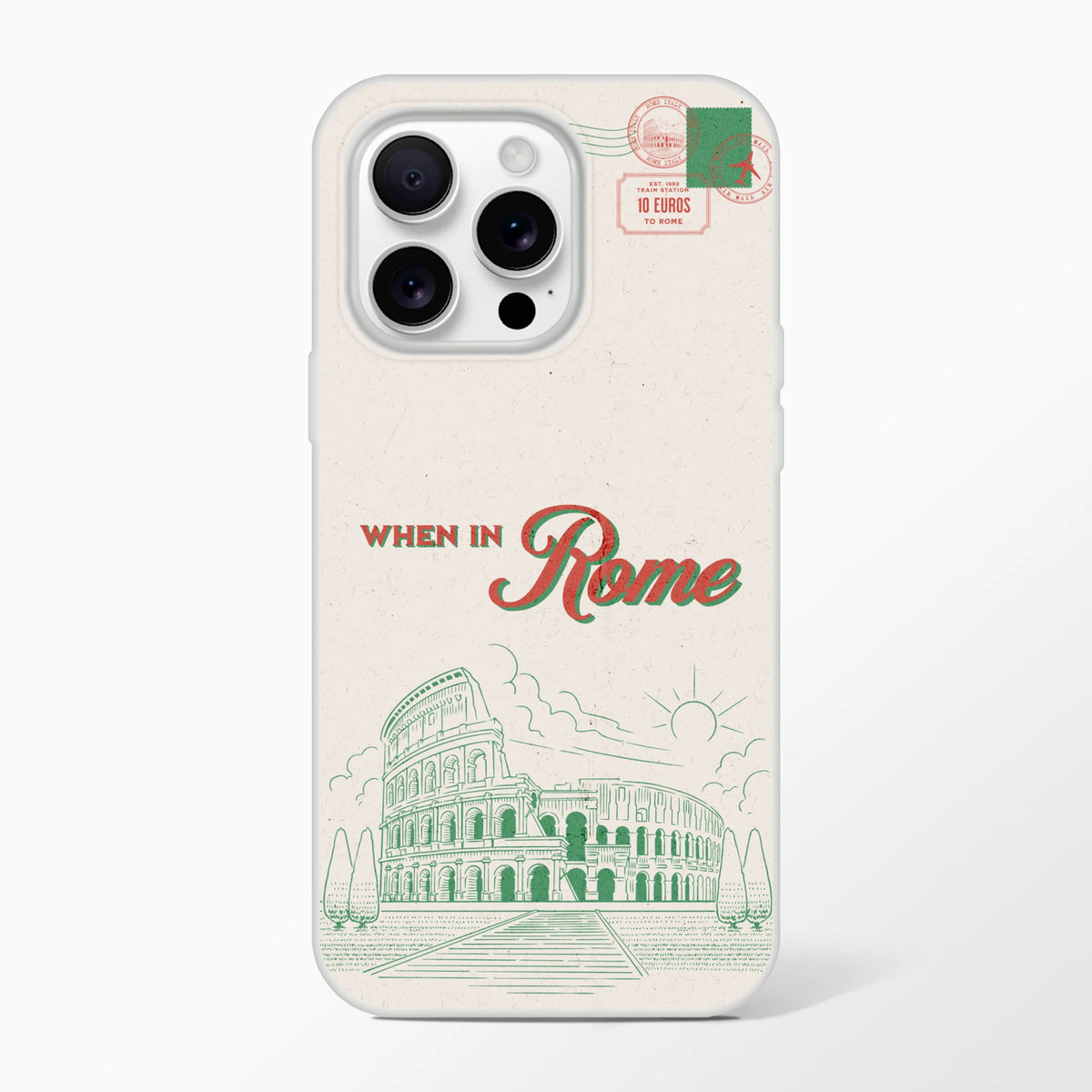 Vintage Postcard iPhone Case (13-16) Rome Holiday with Colosseum illustration and retro stamps.