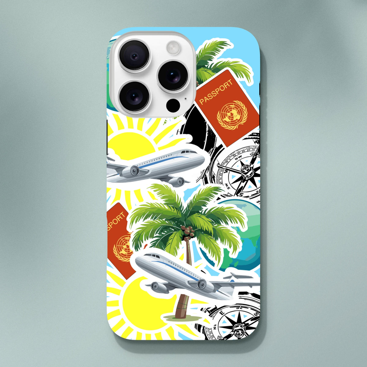 Travel sticker iPhone case featuring palm trees, airplanes, passports, and compass graphics for bold island vibes.