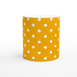 Orange and white polka dot ceramic mug. Cute spotty coffee cup ideal for daily brews, office use, or gifting. Durable and holds warmth.