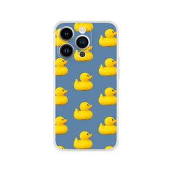 Cute Rubber Duck iPhone case on blue background with bold yellow duck print, matte finish.
