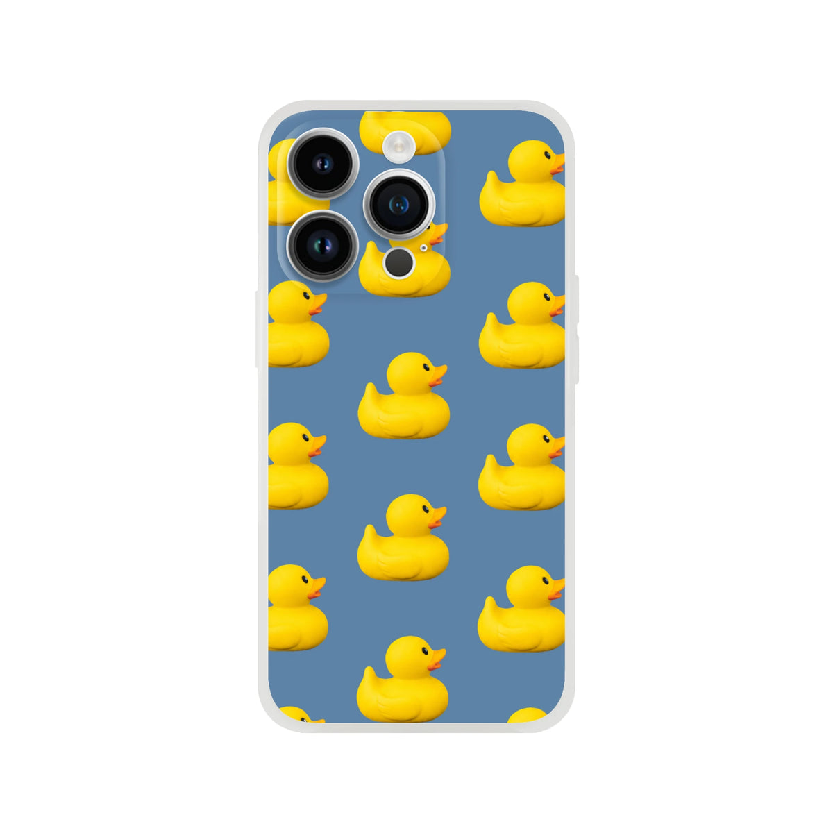Cute Rubber Duck iPhone case on blue background with bold yellow duck print, matte finish.
