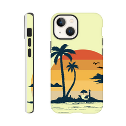 Retro Tropical Sunset Palm Tree Tough iPhone Case (13-16) Beach Cover
