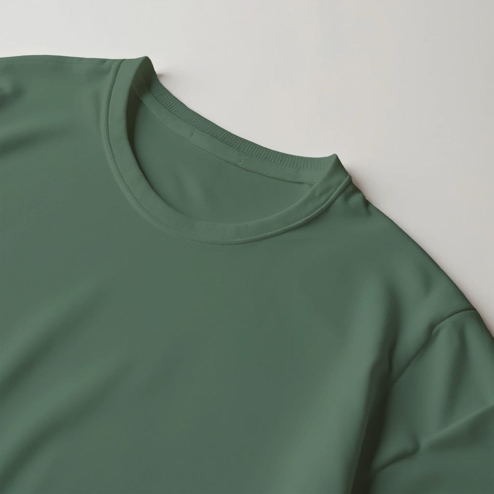 Close-up of a grey-green Gothic Angel men's graphic tee neckline in a soft cotton blend.