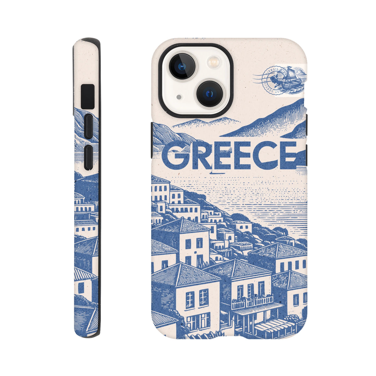 Vintage Greece Tough iPhone Case featuring a blue Mediterranean village illustration and bold GREECE text with shock-absorbing protection.