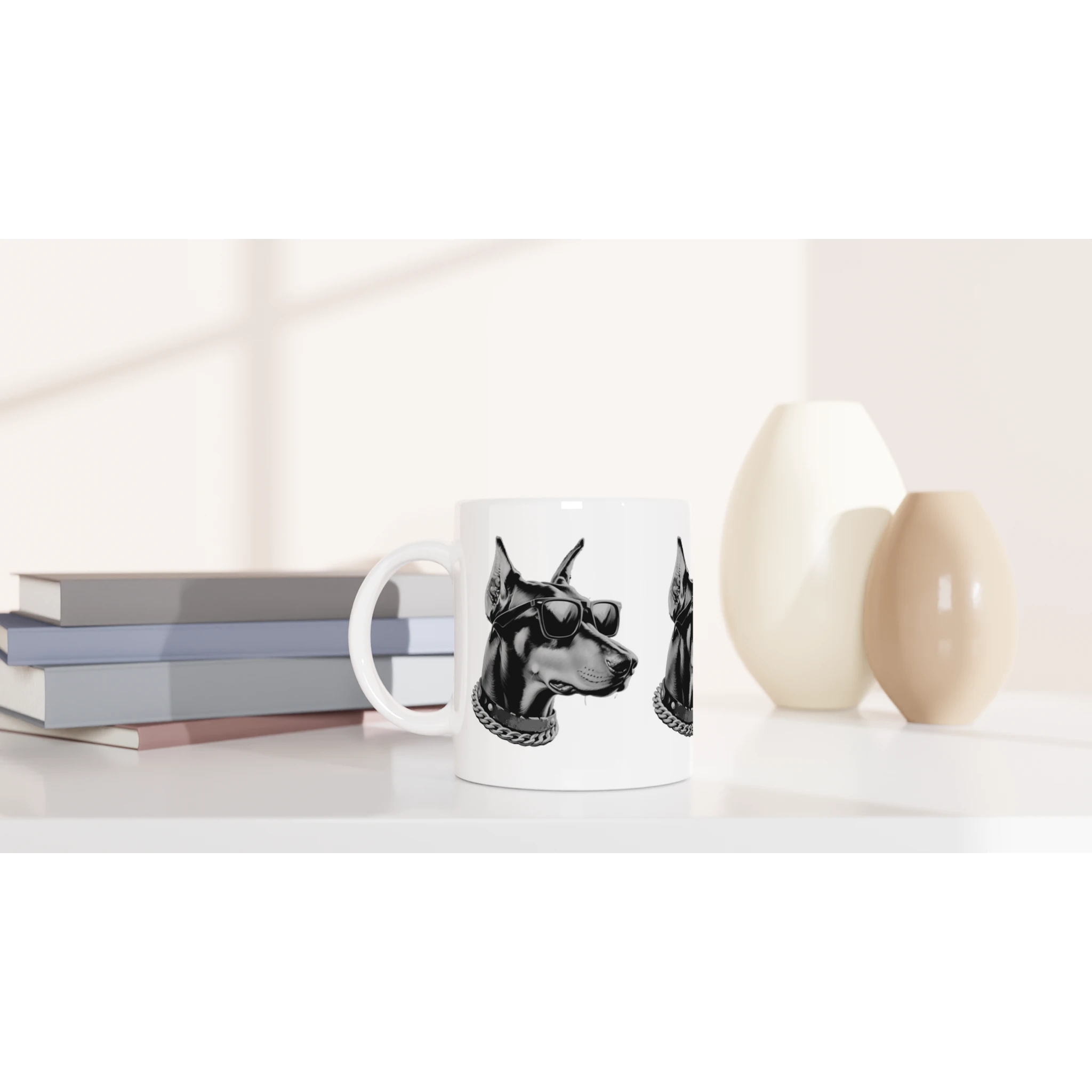 Gangster dog mug featuring a black-and-white dog head with sunglasses and chain on a white ceramic mug