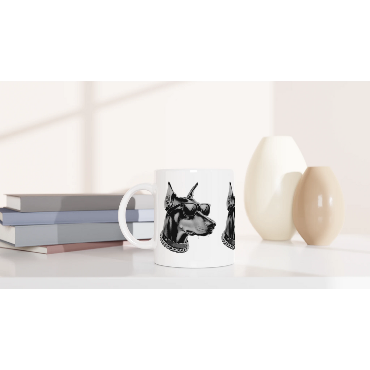 Gangster dog mug featuring a black-and-white dog head with sunglasses and chain on a white ceramic mug