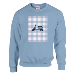 Light blue vintage mod sweatshirt featuring a retro scooter graphic on a pastel purple and blue gingham patch.
