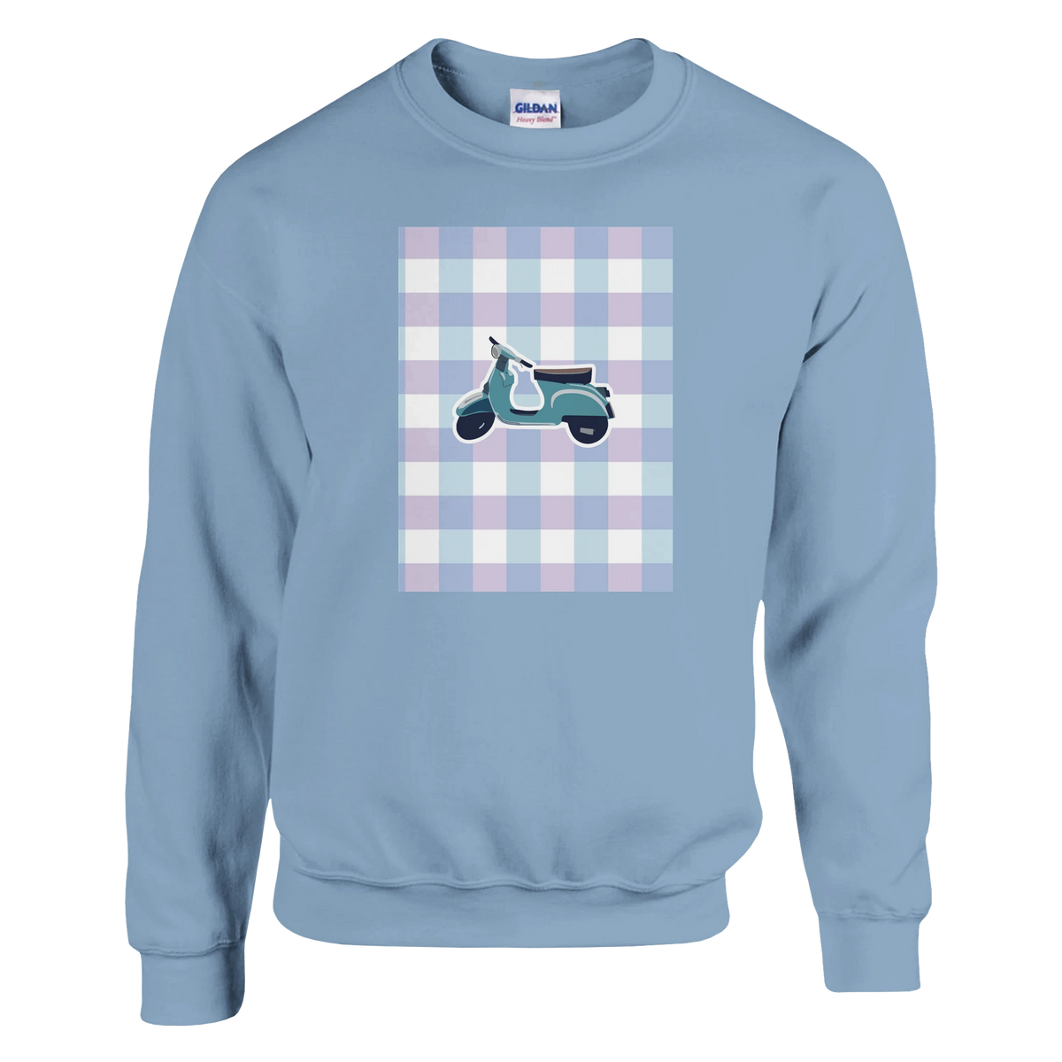 Light blue vintage mod sweatshirt featuring a retro scooter graphic on a pastel purple and blue gingham patch.