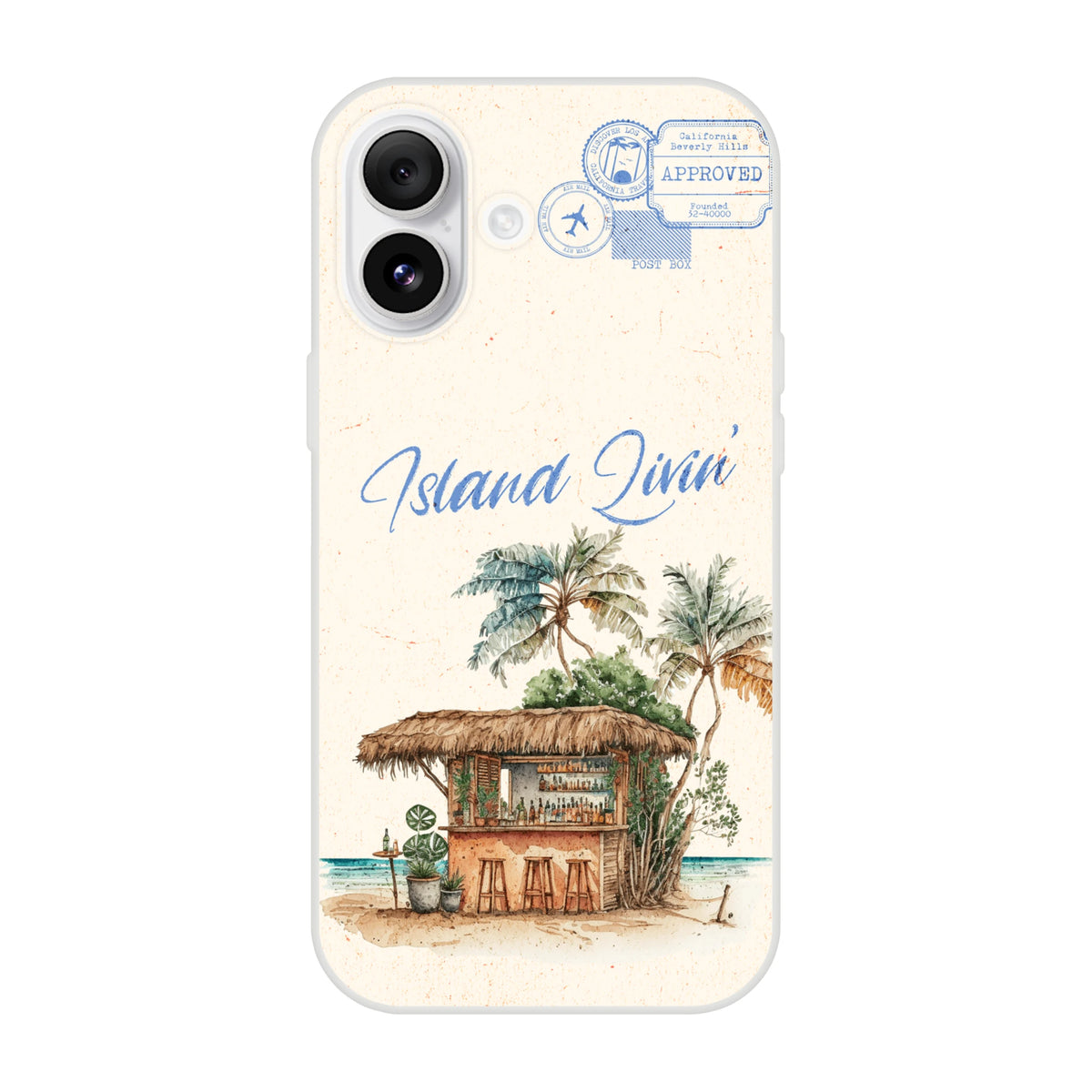 Vintage postcard-inspired iPhone case featuring island scene with palm trees, thatched hut, and postal stamps.
