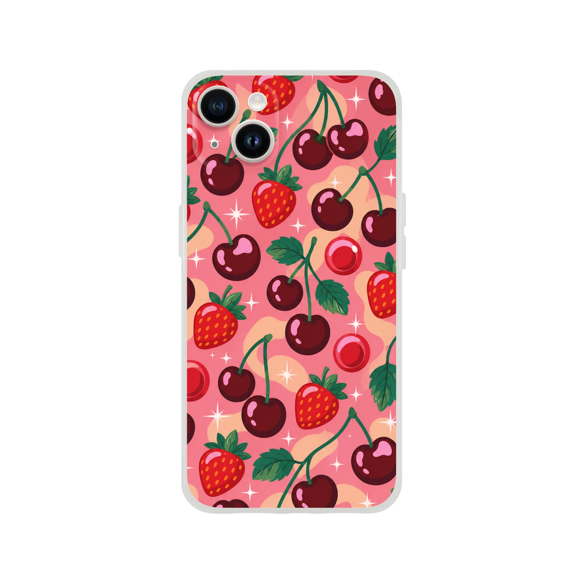 Retro pink iPhone case pattern featuring glossy cherries, strawberries, and sparkles. Shock-absorbing TPU cover for iPhone 13-16.