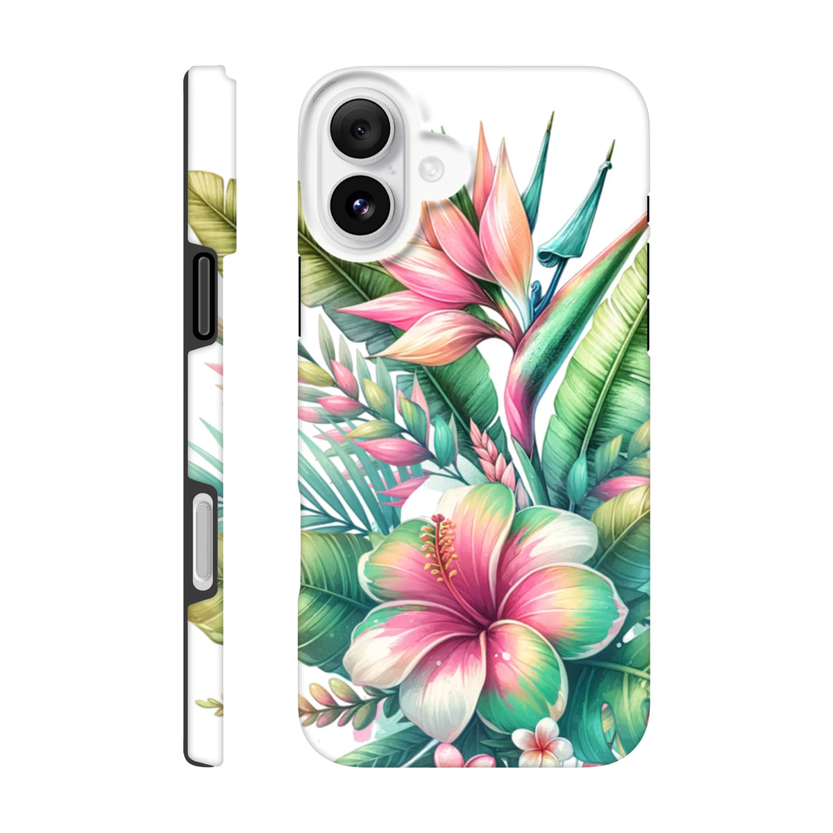 Vibrant tropical hibiscus and bird of paradise floral case with impact-resistant protection for iPhone 13-16 street styling.