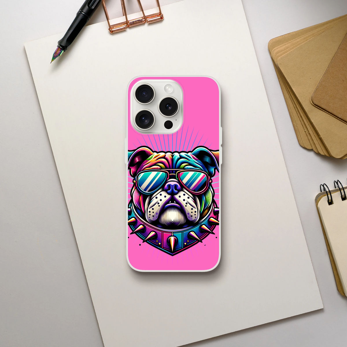 Pink Y2K Bulldog iPhone case for iPhone 13–16 with retro dog art and colorful sunglasses motif.