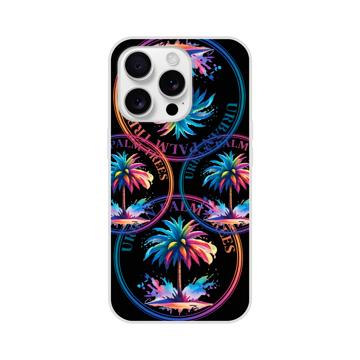 Urban Palm Trees iPhone Case (13-16) Retro Aesthetic with matte finish, slim design and shock-absorbing TPU.