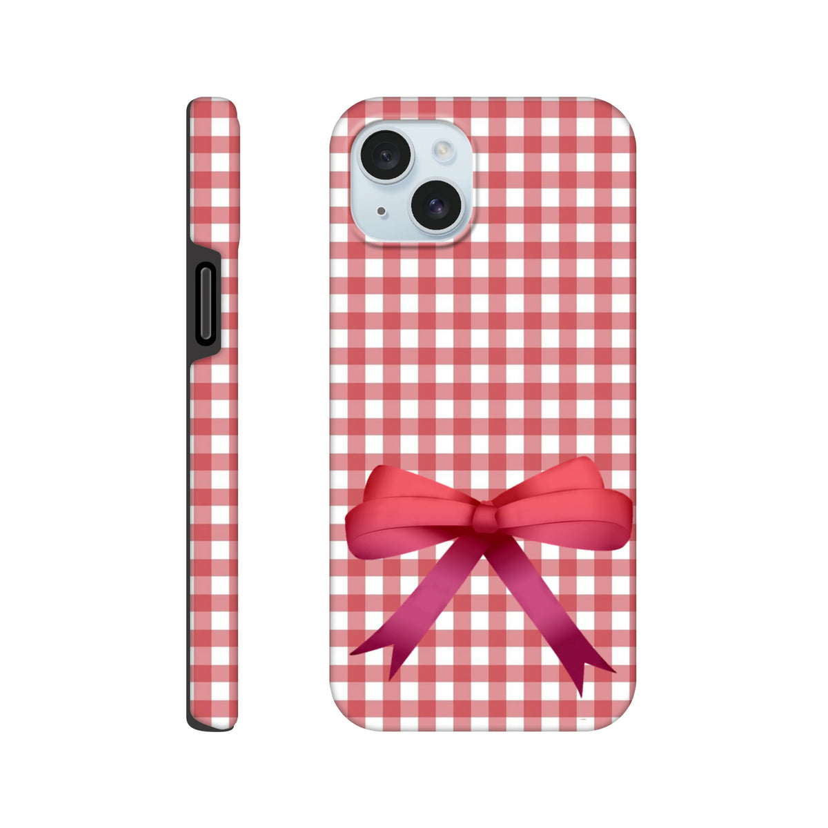 Red gingham iPhone case featuring a large pink bow design. Cute coquette style tough cover for iOS 13-16 devices.