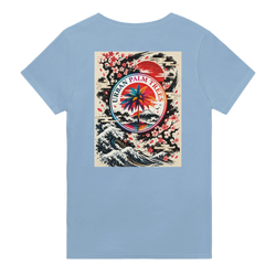 Light blue mens t-shirt back print featuring a retro Japanese wave graphic with a colorful palm tree, cherry blossoms, and富士山.