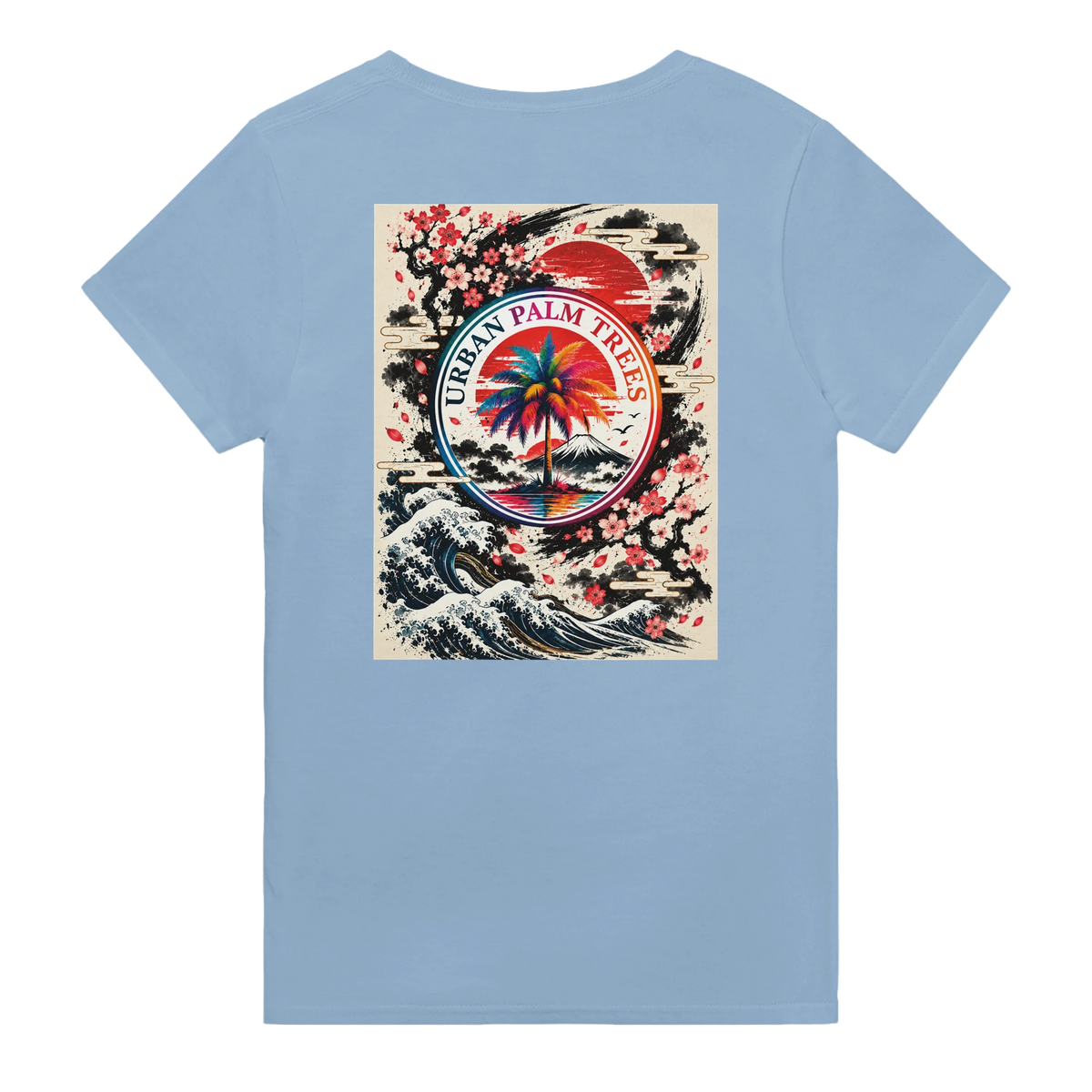 Light blue mens t-shirt back print featuring a retro Japanese wave graphic with a colorful palm tree, cherry blossoms, and富士山.