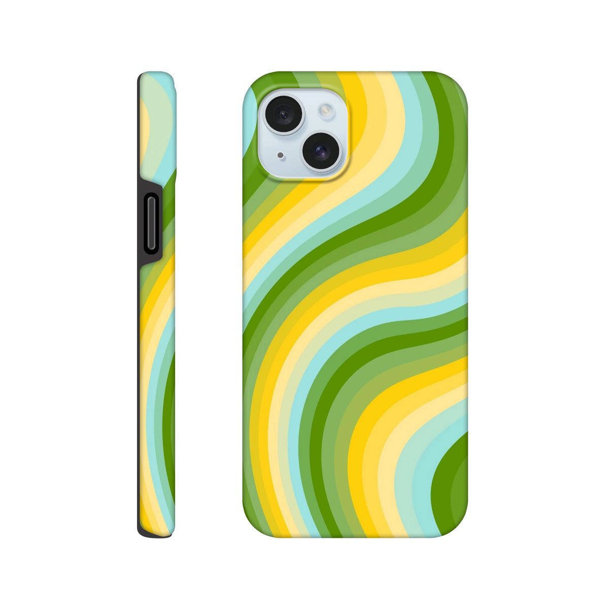 Green and yellow retro wave iPhone case featuring bold Y2K stripes and a tough wraparound design for streetwear style.