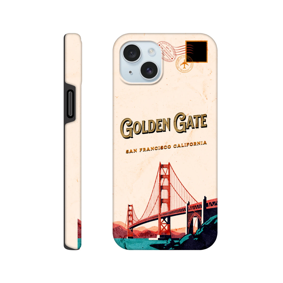 Retro San Francisco iPhone case featuring vintage Golden Gate Bridge postcard design and distressed texture for models 13-16.