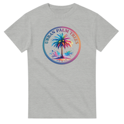 Urban Palm Trees Tee for Men with colorful palm graphic inside rainbow circle on light gray shirt.