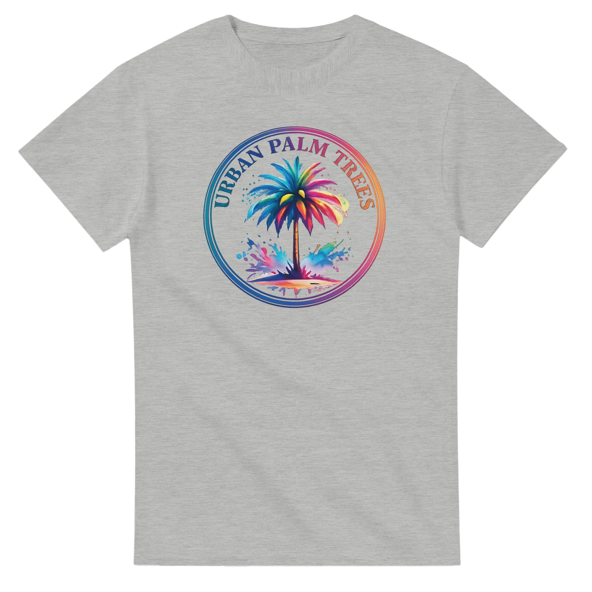 Urban Palm Trees Tee for Men with colorful palm graphic inside rainbow circle on light gray shirt.