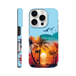 Vibrant tropical sunset iPhone case featuring palm tree silhouettes and flying birds. Durable beach phone cover with drop resistance for daily carry.