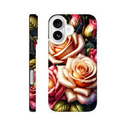 Romantic floral iPhone case featuring vintage-style peach and pink roses with reinforced corners for impact protection.