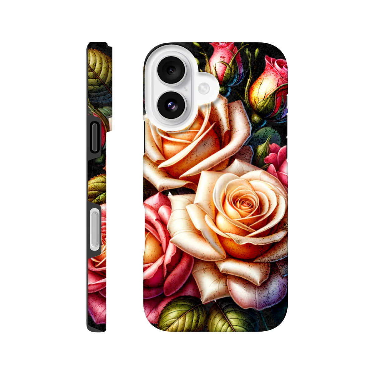 Romantic floral iPhone case featuring vintage-style peach and pink roses with reinforced corners for impact protection.