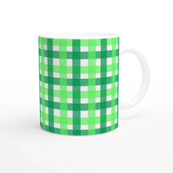 Green gingham ceramic mug with white handle, a cute checkered coffee cup.