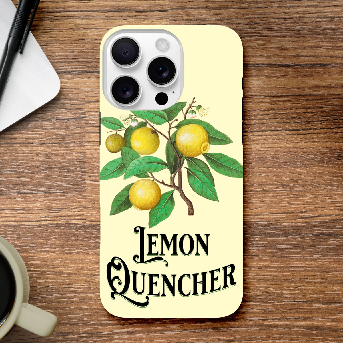 Vintage lemon tough iPhone case featuring a retro botanical lemon illustration and "Lemon Quencher" typography on a pale yellow background.