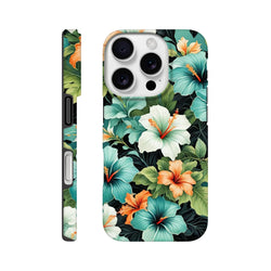 Tropical hibiscus floral iPhone case with teal and orange flowers on dark background. Shock-absorbing保护 cover for iPhone 13-16.