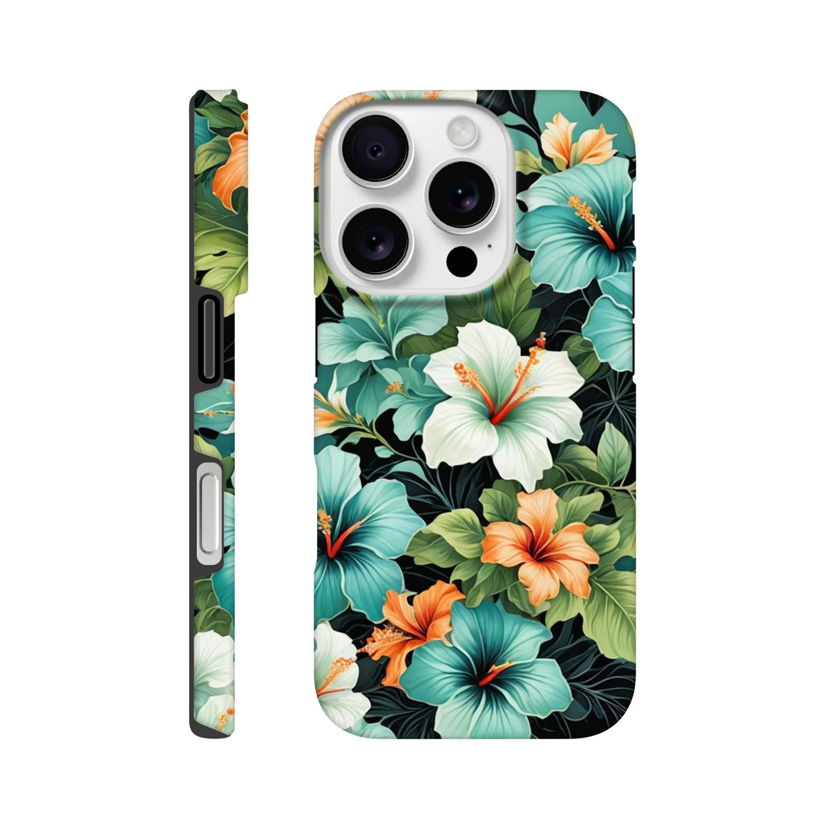 Tropical hibiscus floral iPhone case with teal and orange flowers on dark background. Shock-absorbing保护 cover for iPhone 13-16.