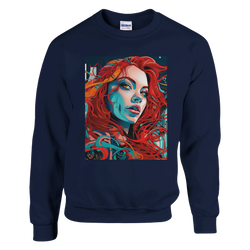 Navy Urban Pop Art Women Sweatshirt for Men with a bold redhead streetwear graphic on the front.