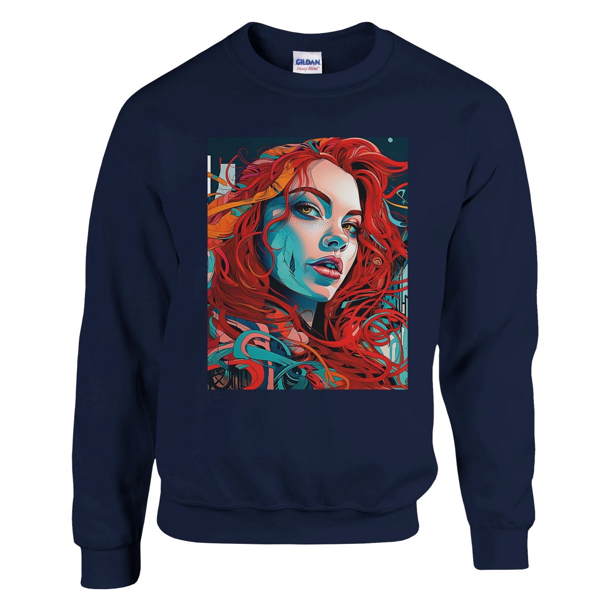Navy Urban Pop Art Women Sweatshirt for Men with a bold redhead streetwear graphic on the front.