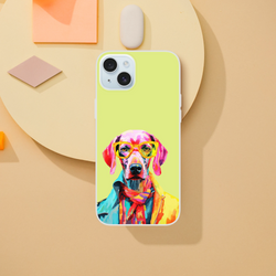 Lime-green iPhone case featuring a colorful dog wearing sunglasses and scarf, camera cutout visible.