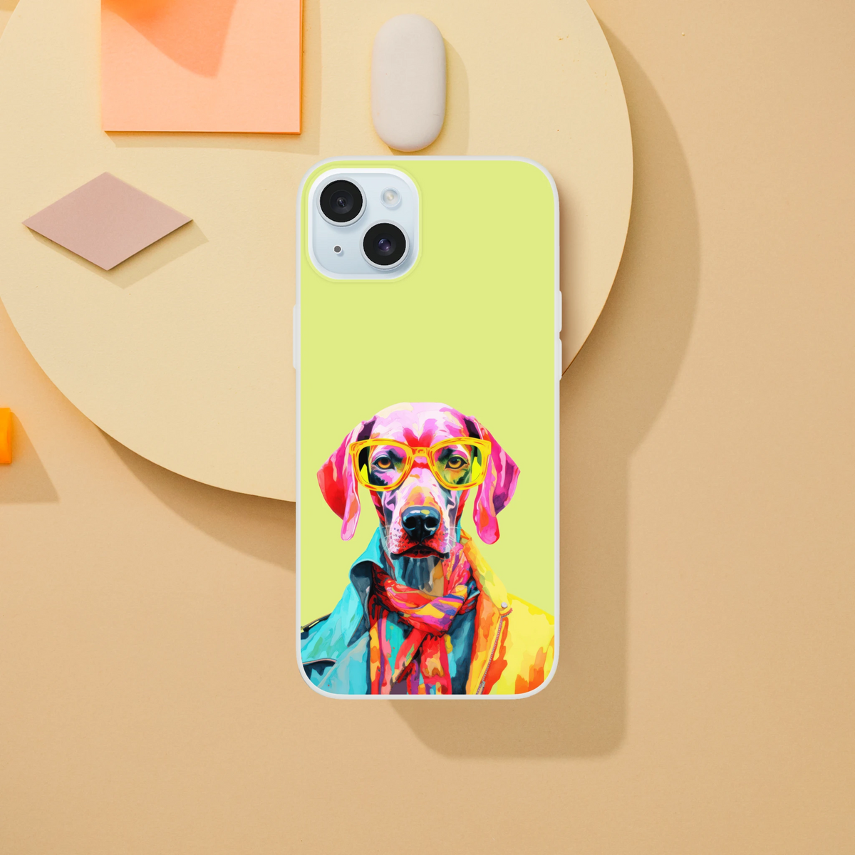 Lime-green iPhone case featuring a colorful dog wearing sunglasses and scarf, camera cutout visible.