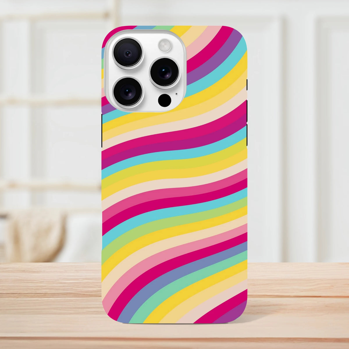 Retro rainbow wave stripe iPhone case featuring bold colorful curves and durable TPU shock absorption for daily protection.