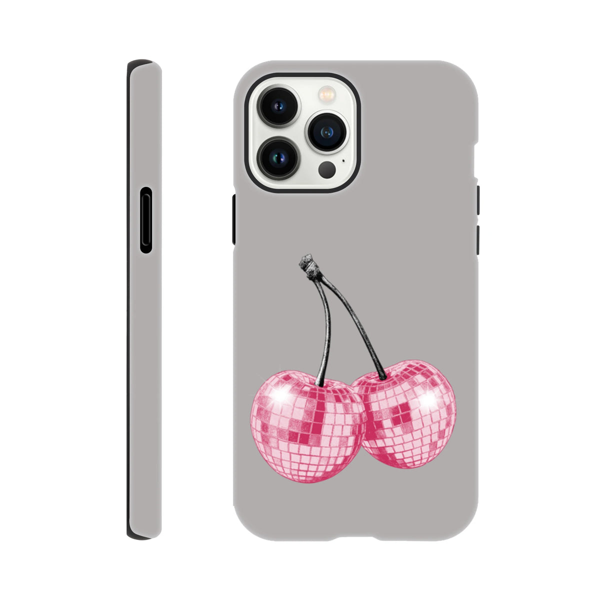 Grey tough iPhone case featuring pink disco ball cherry design for models 13 through 16.