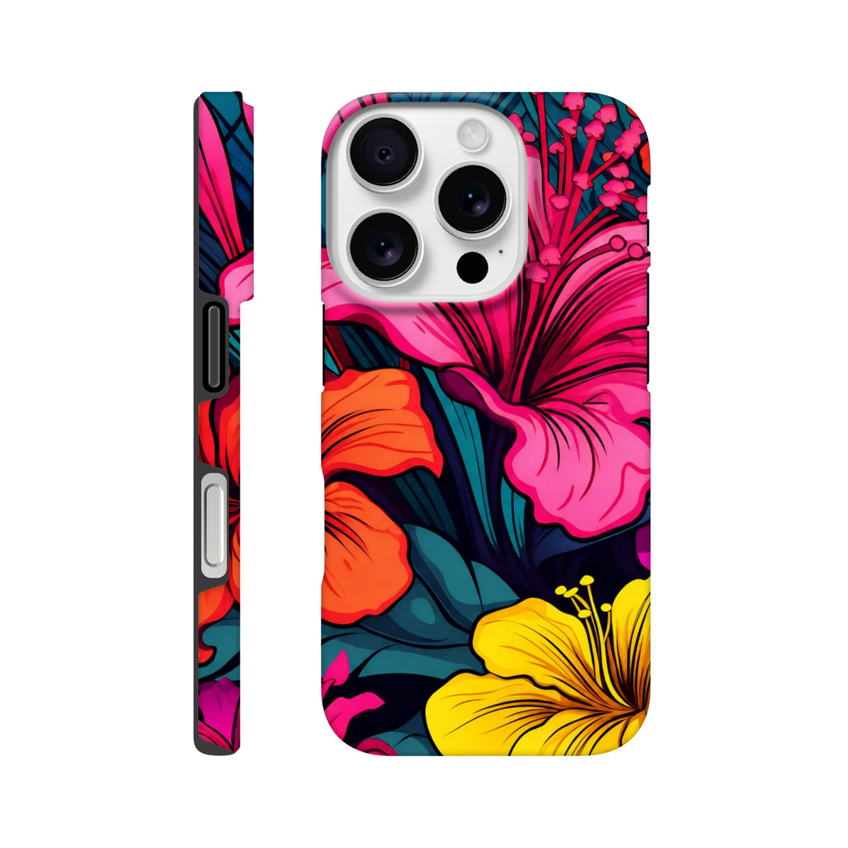 Vibrant hibiscus tough iPhone case featuring bold pink, orange, and yellow tropical florals with a durable wraparound design.