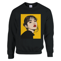 Black men's sweatshirt featuring a pop art woman portrait with red lips and gold hoop earrings on a yellow background.