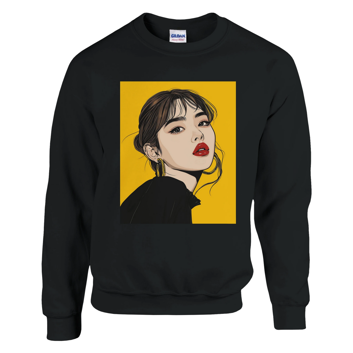 Black men's sweatshirt featuring a pop art woman portrait with red lips and gold hoop earrings on a yellow background.