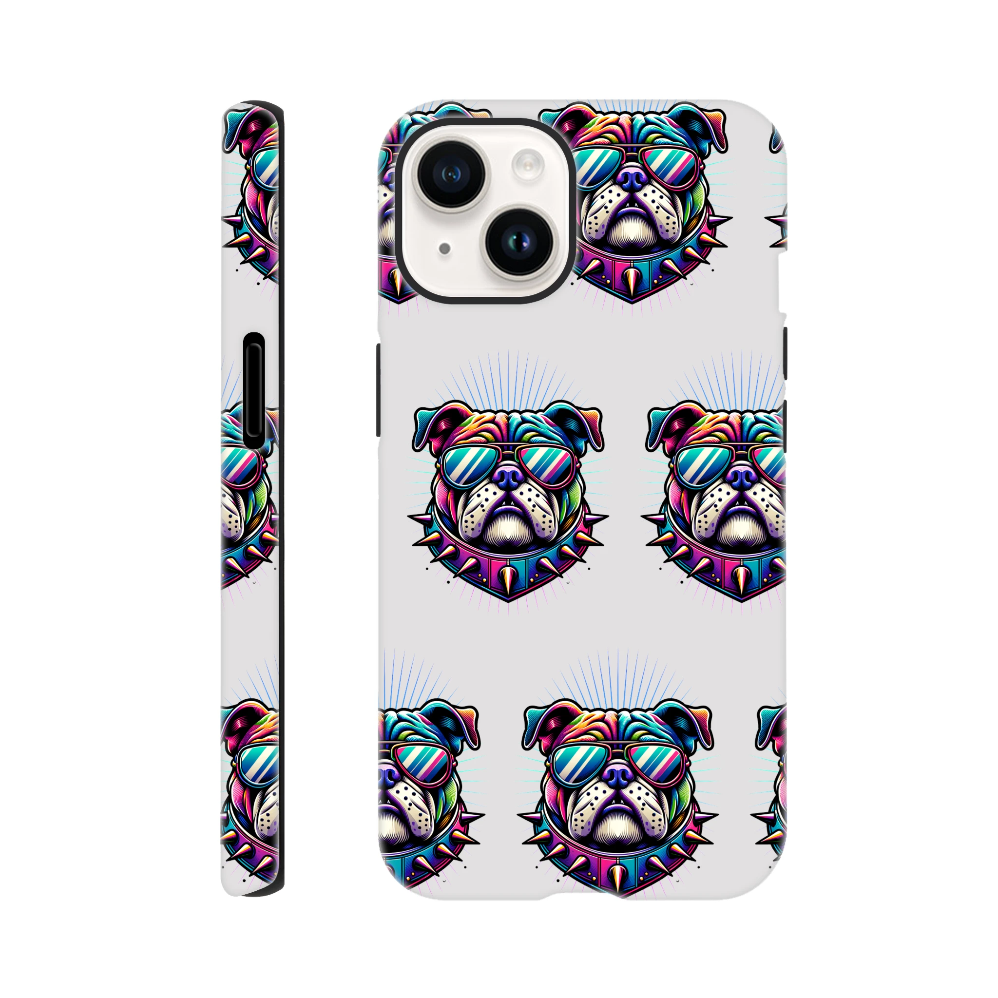 Bold bulldog phone case with sunglasses and spiked heart design, dual-layer glossy protection for iPhone 16–13